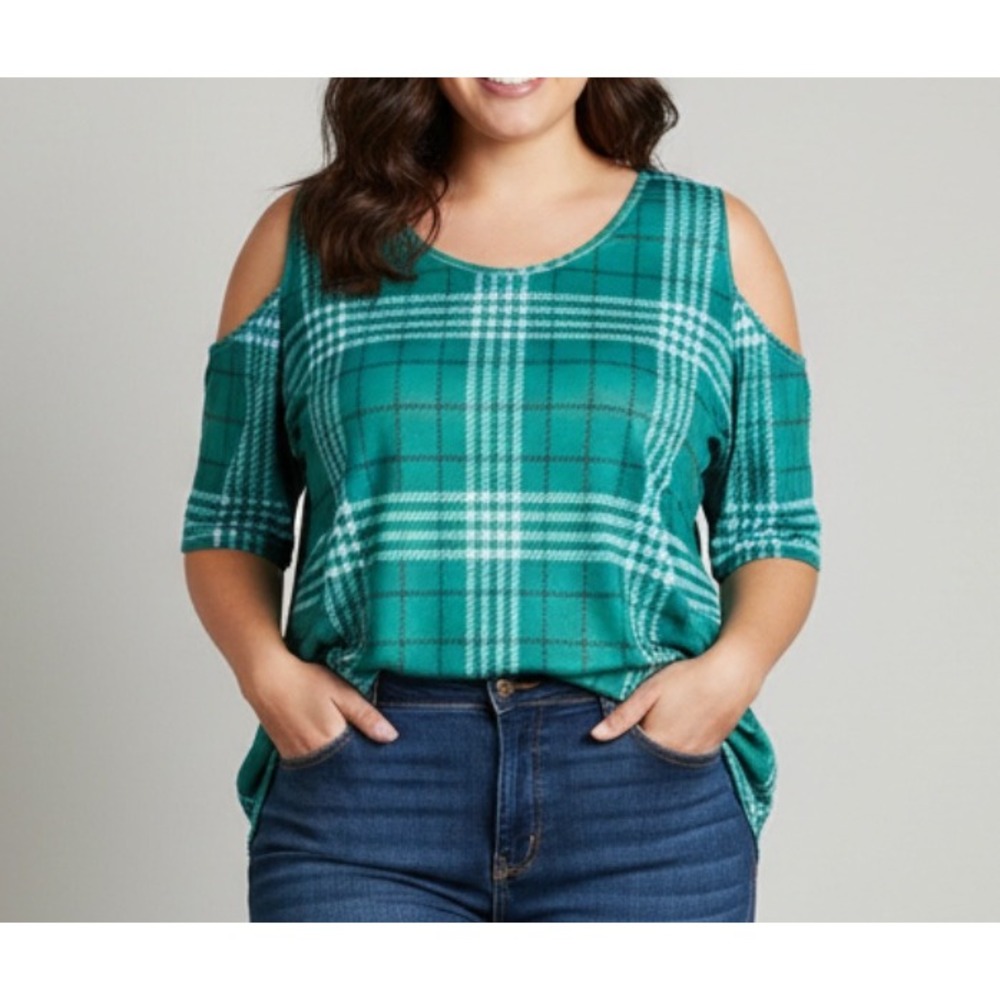 New BEYOND THIS PLANE Tunic Top GREEN PLAID Cold Shoulder T-SHIRT 2XL (1X)